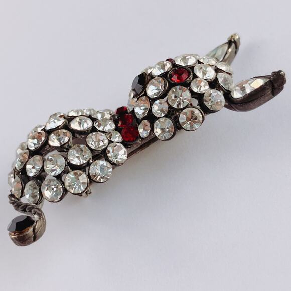 VTG Mid Century Figural Rhinestone Cat Brooch Clear Red Black Glass Stones Pin - Picture 4 of 11